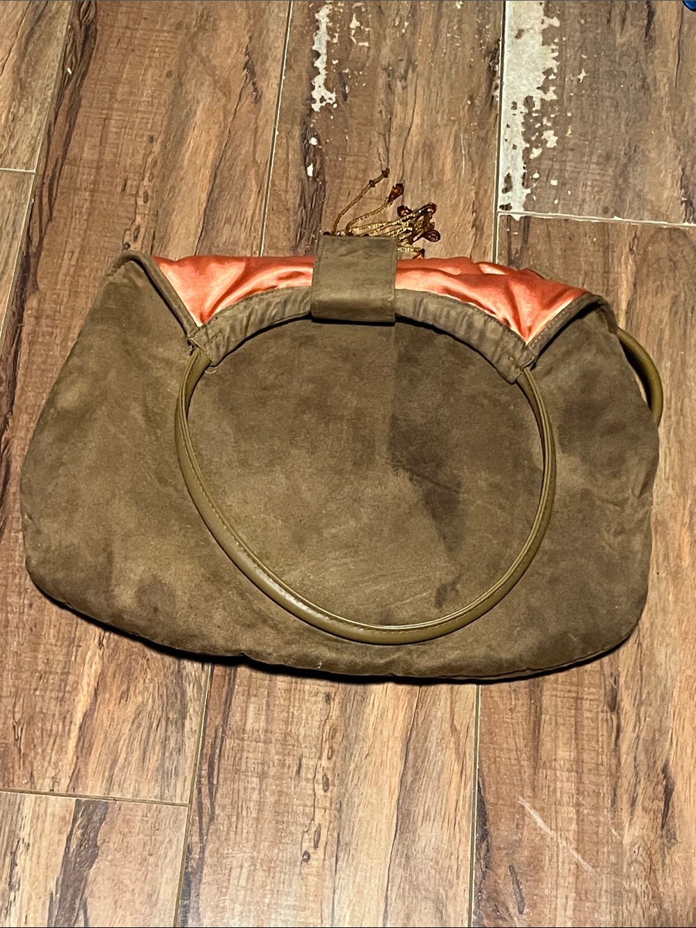 Olive Suede Shoulder Bag with Coral Satin Accent